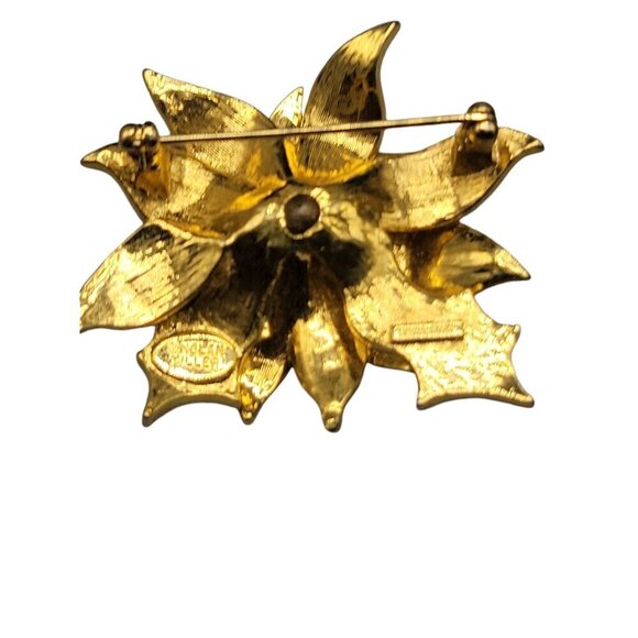 Nolan Miller Poinsettia Jewelry Set Red Enamel Gold Plated Brooch Clip On Earrin - Picture 7 of 16